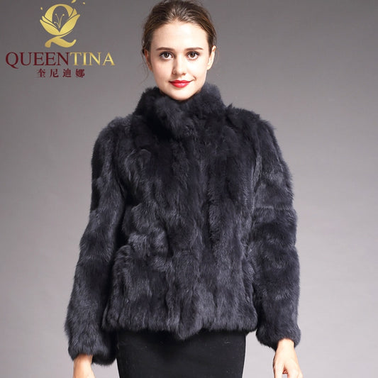 2019 High Quality Real Fur Coat Fashion Genuine Rabbit Fur Overcoats Elegant Women Winter Outwear Stand Collar Rabbit Fur Jacket