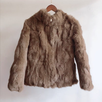 2019 High Quality Real Fur Coat Fashion Genuine Rabbit Fur Overcoats Elegant Women Winter Outwear Stand Collar Rabbit Fur Jacket