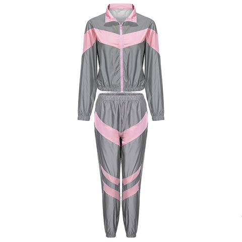 Women Tracksuits 2 Piece Set Reflective Zip Crop Top Pants Windbreaker Fashion Female Loose Glow Jacket Coat Trousers Plus Size