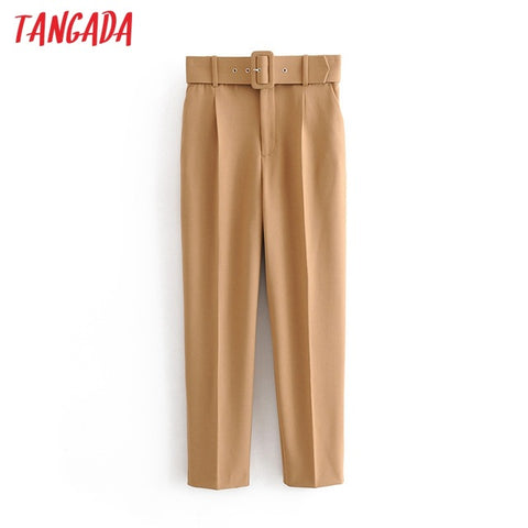 Tangada black suit pants woman high waist pants sashes pockets office ladies pants fashion middle aged pink yellow pants 6A22