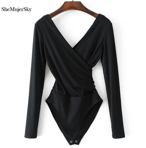 SheMujerSky Long Sleeve Bodysuit Women Backless Jumpsuits Black White Body femme monos cortos de mujer 2017