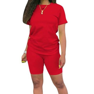 Two-piece Solid Color Women's Clothing. Short-sleeved Crew Neck T-shirt and Tight-fitting Shorts. Simple Style Tracksuit Outfit