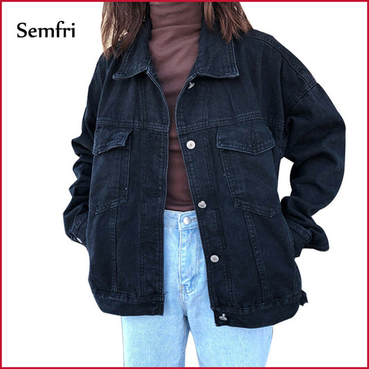 Semfri Jacket Women Black Denim Jacket Winter Jeans Coat Casual Harajuku Streetwear Female Vintage Jeans Coat Dropshipping