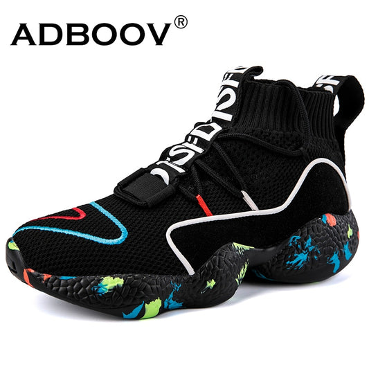 ADBOOV  High Top Sneakers Women Knit Upper Breathable Sock Shoes Woman Thick Sole 5 CM Fashion sapato feminino Black / White