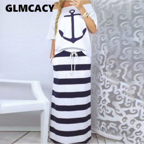 Women Two Piece Sets Boat Anchor Print T-Shirt & Striped Skirt Sets Casual Ankle-Length Fashion Off Shoulder Maxi Striped Skirt