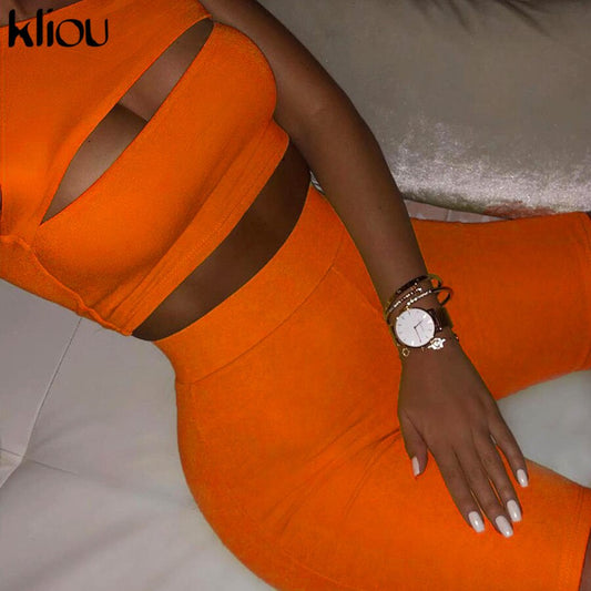 Kliou 2019 summer women neon color two pieces set off shoulder hollow out crop top elastic high waist shorts outfit tracksuit