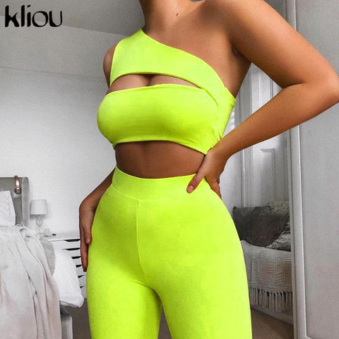 Kliou 2019 summer women neon color two pieces set off shoulder hollow out crop top elastic high waist shorts outfit tracksuit